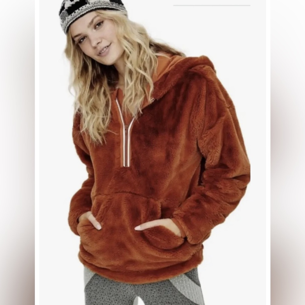 SOLD OUT Free People Off The Record Soft Hoodie Faux Fur 1/2 Zip Rusty Brown